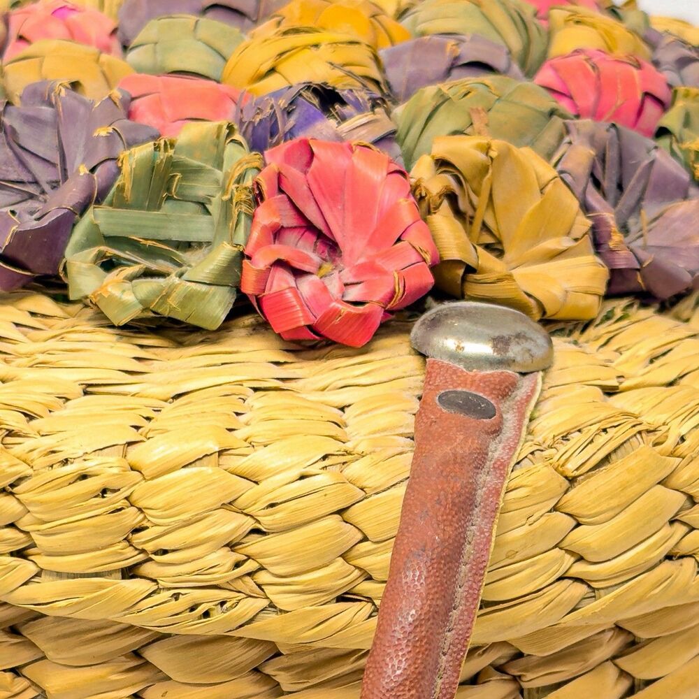 Vintage Woven Straw Sewing Basket Floral Lid Leather Handle Round Boho Bag - Picture 6 of 11